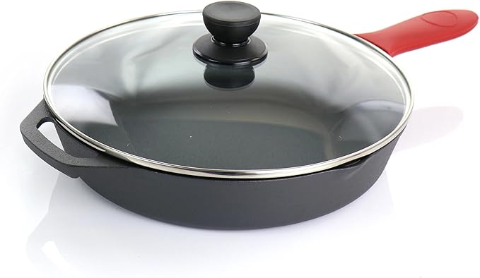 9-Piece Cast Iron Skillet Set with Lids 6/8/10 Inch Skillets &amp Red Silicone Holders Stovetop Oven Grill Multipurpose Cast Iron Cookware Set