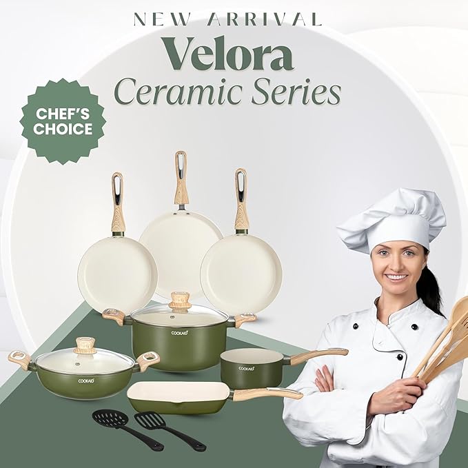 Cook &amp Serve 11 Piece Ceramic Non Stick Cookware Set with Lid Kadhai Fry Pan Dosa Tawa Saucepan Casserole Grill Pan 2 Nylon Tools