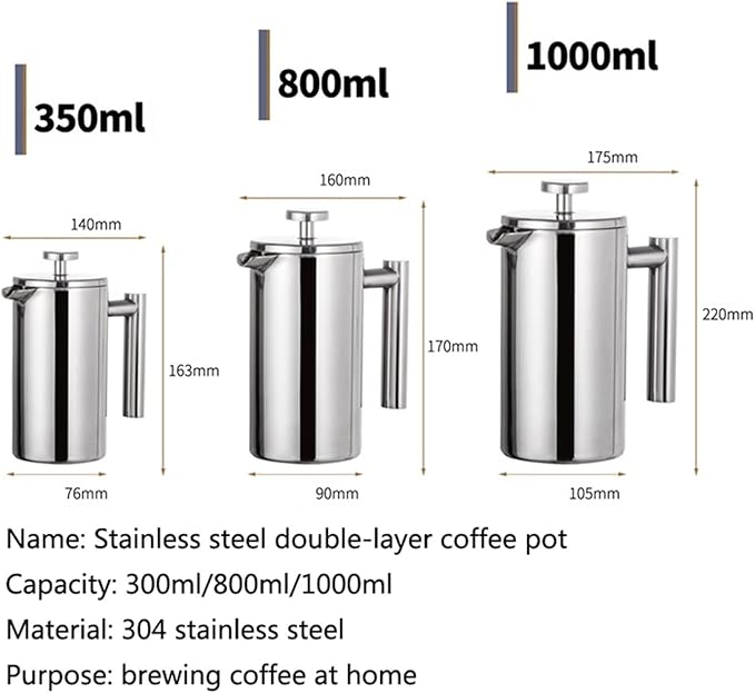 Coffee Carafe Coffee Machine Stainless Steel Coffee Filter Double Wall Large Capacity Manual Coffee Maker Convenient(1000ml)