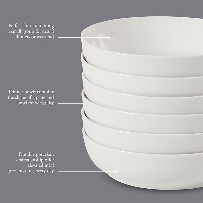 Gibson Home Zen Buffet 6-Piece 41oz Large White Pasta Bowls Porcelain Ceramic Chip and Scratch Resistant Shallow Salad Bowl Serving Bowls Soup Bowls Set Dishwasher &amp Microwave Safe