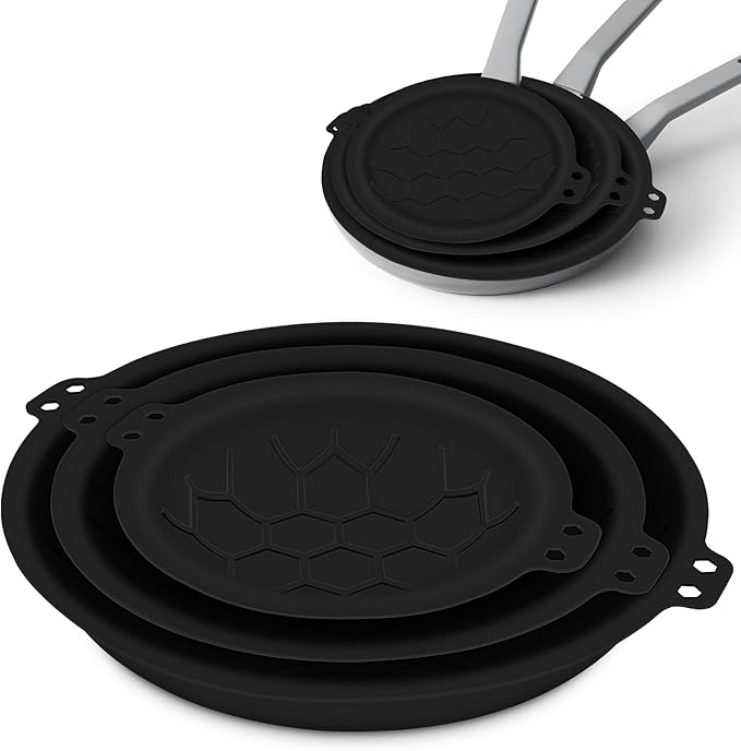 3 Piece Set Silicone Pan Protectors (Includes 81012) Pan Separators for Stacking Compatible with Hexclad Tfal All-Clad Nonstick Frying Pans and More Cookware Protector Dishwasher Safe Black