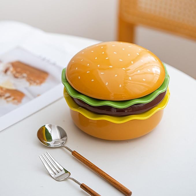 Hamburger Plate Set Ceramic Hamburger Plates And Bowls Sets 5-Piece Novelty Stackable Burger Dinnerware Set Cute Hamburg Style Dessert Plates Dishwasher Safety (Large-6.5x6.5x5.31 in)