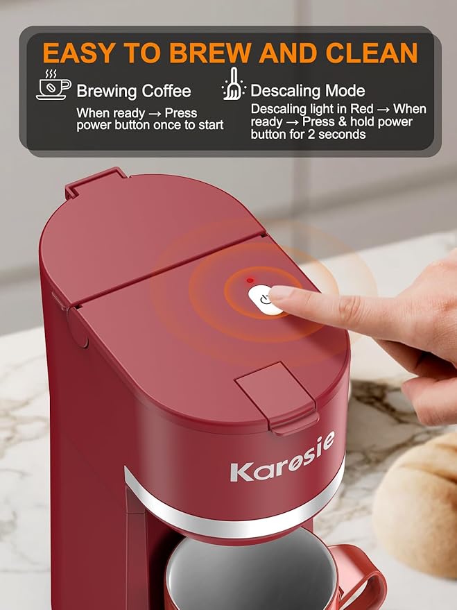 Single Serve Coffee Maker for K-Cup and Ground Coffee Fast Brew 6-12 oz Brew Sizes One Cup Coffee Machine Fits 5.5 Mugs One-Button Small Coffee Maker with Descaling Reminder Red