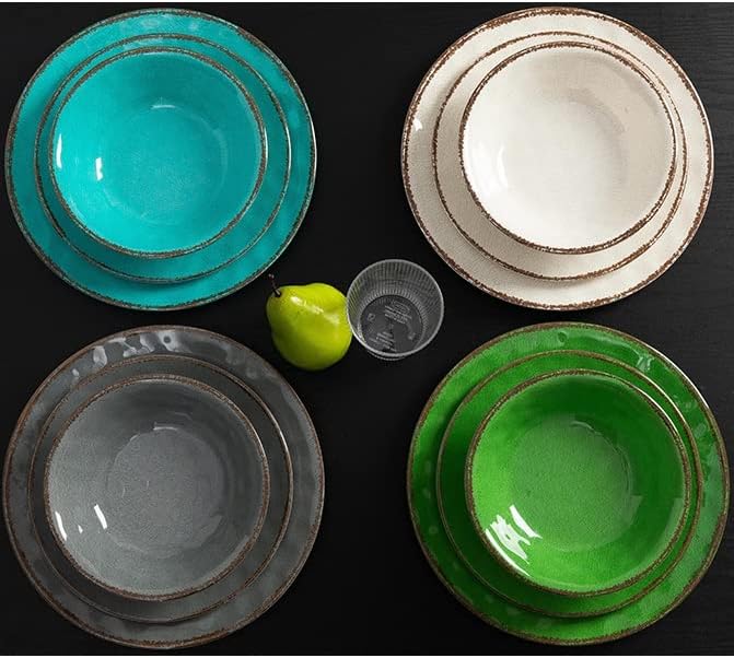 LEHAHA Vintage Crackle Melamine Dinnerware Sets 12 Piece Plates and Bowls Sets Great for Camping RV. Durable and Chip Resistant Farmhouse Dishes Set Service for 4(Green)