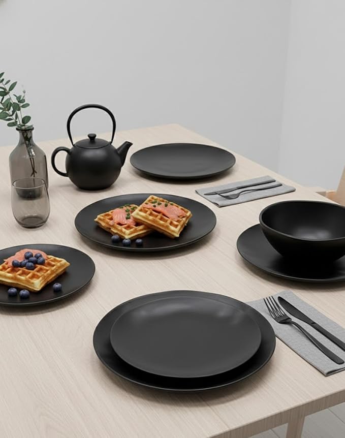 Organic Coupe Wheat PolyPro 12 Piece Dinnerware Set-4 Dinner Plates 4 Salad Plates 4 Bowls Matte Black