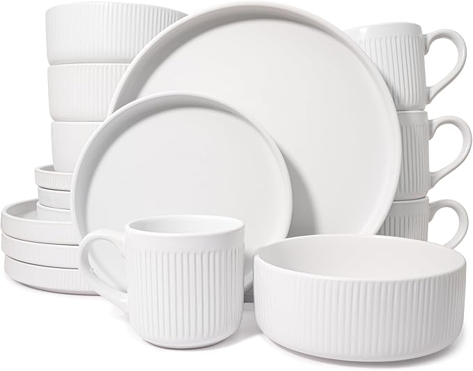 16 Piece Dinnerware Set Key West - Plates Bowls and Mugs Set for 4 - Chip and Scratch Resistant Microwave and Dishwasher Safe Tableware 16 Pieces Ribbed Dishes