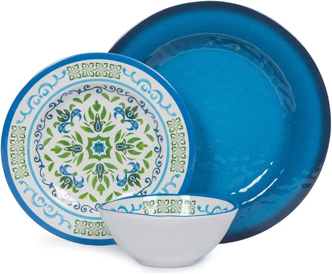 Melamine Dinnerware Sets 12 Pcs Melamine Plates Party Plates and Bowls Sets Camping Dishes Set for 4 Unbreakable BPA-Free Dishwasher Safe （Green flowers）