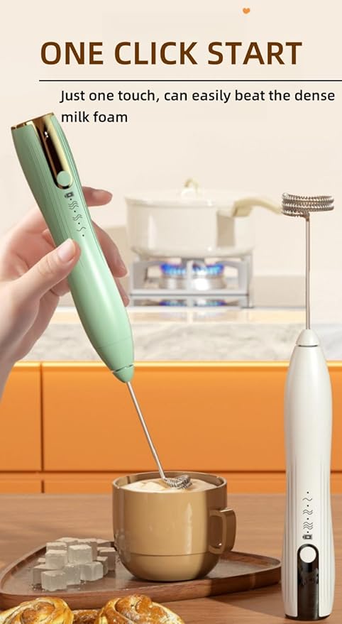 Immersion Blender Handheld 2-in-1 Hand Blender Electric with USB Rechargeable 3 Speeds Stainless Steel Blade Stick Blender with Whisk for Coffee LatteHot Chocolate Egg (White)