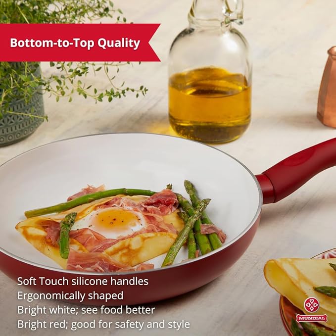 Pots and Pans Set Nonstick Ceramic – 9-Piece Non Stick Frying Pan and Cooking Pot Set – Red Aluminum Pans Ceramic Coating Glass Lids Silicone Handles – Kitchen Cookware Sets by Mundial