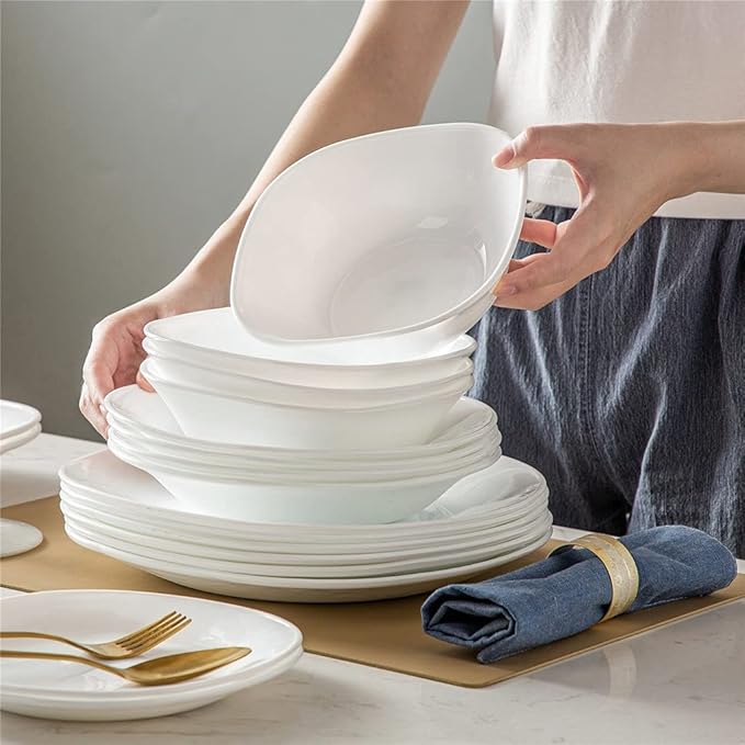 24/48-Piece Unbreakable Durable Opal Glass Dinnerware Set with Dinner Plate Soup Plate Dessert Plate Bowl Set