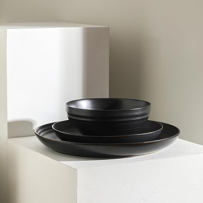 Stone Lain Elio 24-Piece Dinnerware Set Stoneware Plates and Bowls Set Dish Set for 8 Black