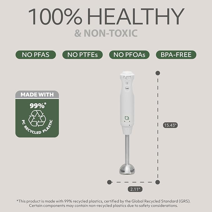 WILLOW Eco Series 5 Speed Immersion Blender Handheld Powerful yet Quiet 500 Watt Electric Stick Blender with Turbo Mode &amp Removable Base Hand Blender for Soup Smoothie 304 Stainless Steel - WH