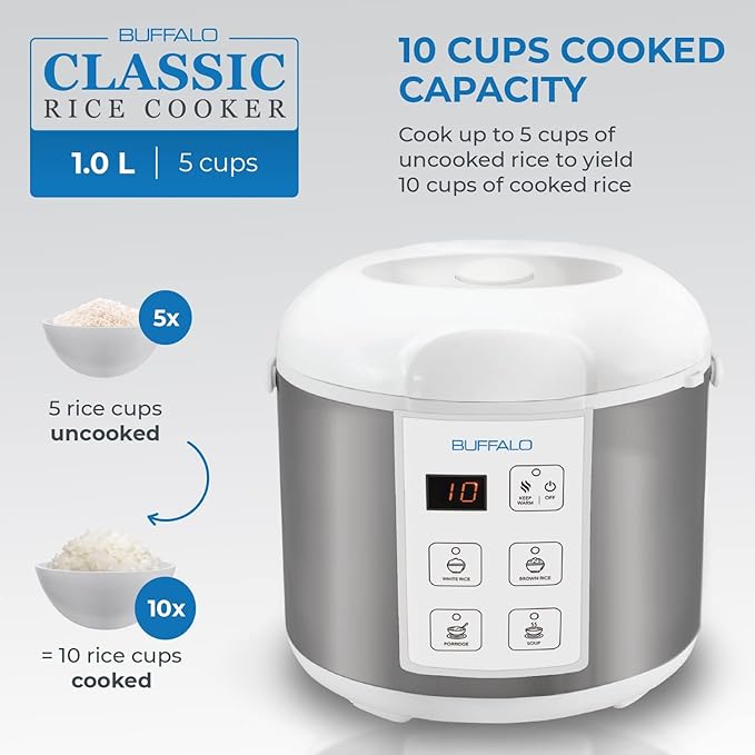 Buffalo Classic Rice Cooker with Clad Stainless Steel Inner Pot - Electric Rice Cooker for White/Brown Rice Grain - Easy-to-clean Non-Toxic &amp Non-Stick Auto Warmer (5 Cup)
