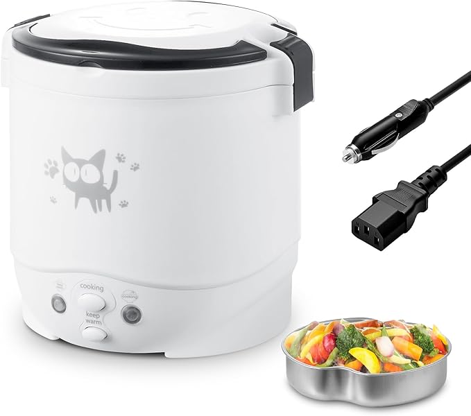 OSBA Mini Rice Cooker 1L Small Rice Cooker 2 Cup-uncooked Travel Rice Maker 12V for Car with Steamer Auto Keep Warm Suitable For 1-2 People White