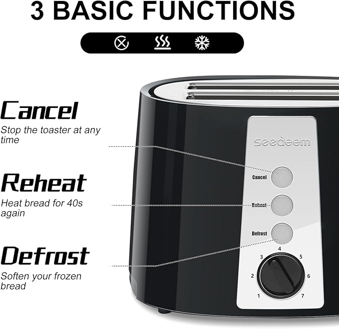SEEDEEM Toaster 2 Slice 7 Shade Settings Bread Toaster with Cancel Defrost Reheat Function Extra Wide Slots for Waffle or Bagel Removable Crumb Tray 750W Classic Black