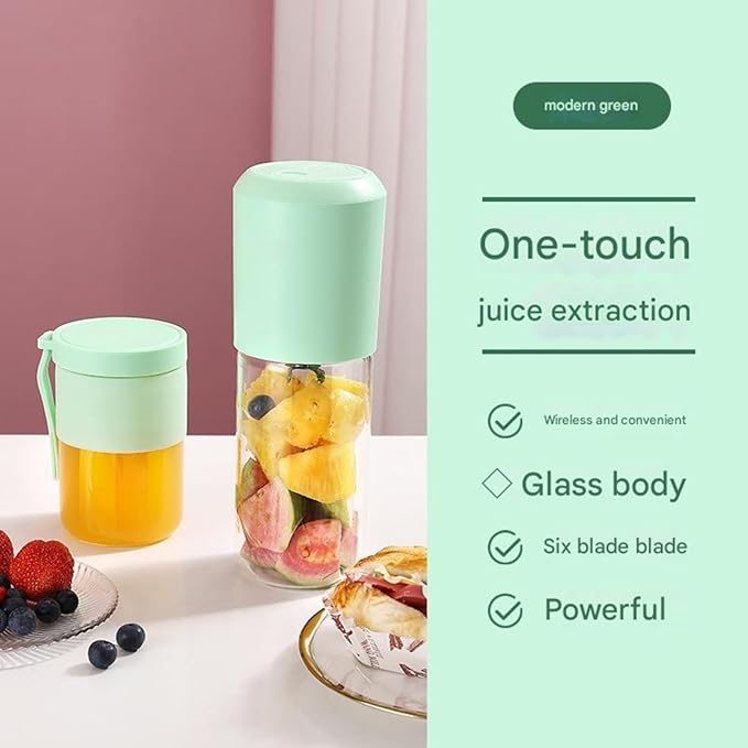 400ml glass juicer | 1500mAh long battery life 40s fresh juice | 304 steel blade with six blades for crushing ice | portable for home office and outdoor use (green2)