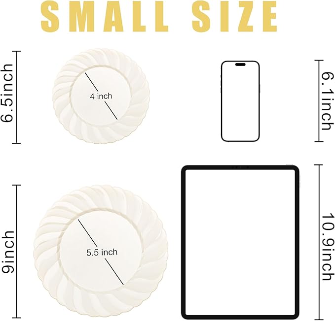 U-QE 100 Piece Ivory Scalloped Plastic Plates for Party - Plastic Plates Disposable Heavy Duty - High End Disposable Plates for Wedding Including 50PCS 9 '' Dinner Plates &amp 50PCS 6.5 '' Dessert Pl