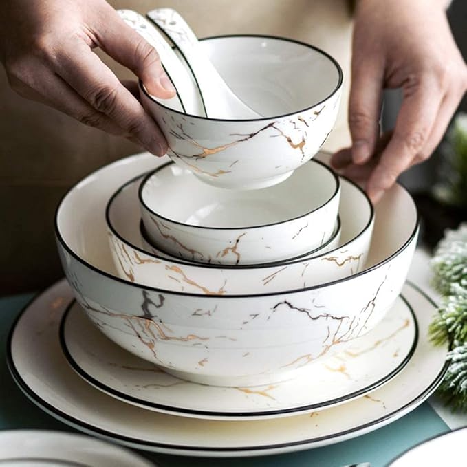 10 Piece Marble Design Bone China Dinnerware Set White Porcelain Plates And Bowls Plate Set