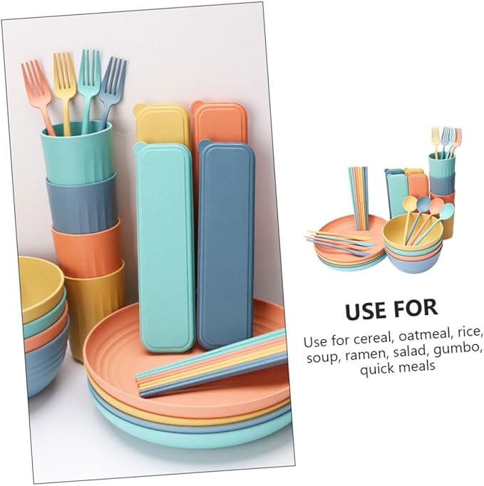 PRETYZOOM 4sets Portable Straw Cutlery Set Microwavable Bowls Lids Dinnerware Set for Outdoor Home