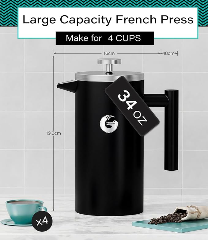 Coffee Gator 304 Grade Stainless Steel French Press Coffee Maker 34 oz Double Wall Insulated Hot Cold Brew Teapot with 4-Level Filtration System Include Travel Jar Canister Rust-Free Travel Black