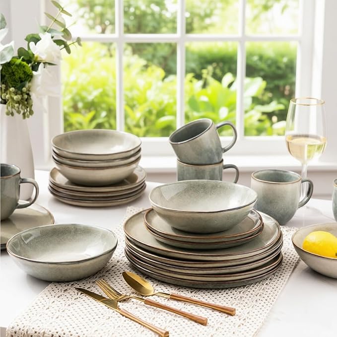 AmorArc Ceramic Dinnerware SetsHandmade Reactive Glaze Stoneware Plates and Bowls SetsHighly Scratch Resistant | Dishwasher &amp Microwave Safe Dishes SetService for 8 (24pc)