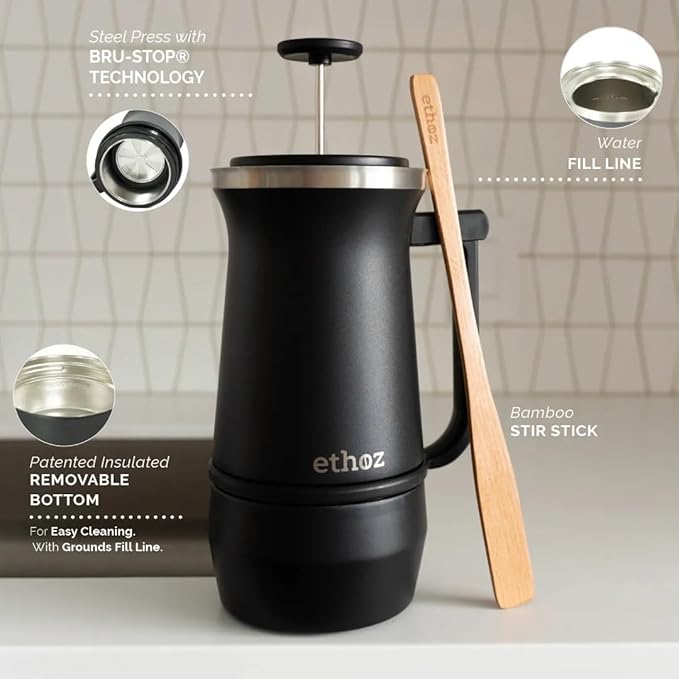 Ethoz® by Planetary Design Uptowner French Press | 32 fl oz Stainless Steel | US Patented Bru-Stop &amp Removable Bottom | Double-Wall Insulated for Smooth Balanced Coffee – No Grit No Bitterness