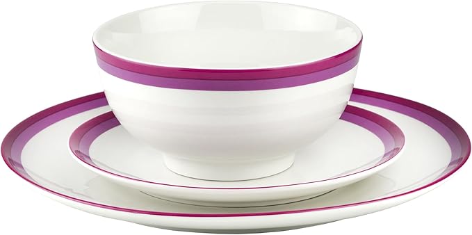 Sheer Burgundy Porcelain 12 Piece Dinnerware Set Service for 4 Red Banded Modern Contemporary Round Dishwasher Safe