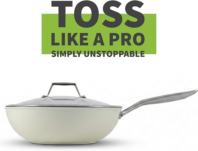 TeChef ValenCera Collectioin | Ceramic Nonstick Flat Bottom Wok Stir Fry Pan with Lid Nontoxic - Free of PFOA PTFE PFAS Induction Ready Oven Safe Made in Korea (Wok/Stir Fry Pan with Lid 12-in)