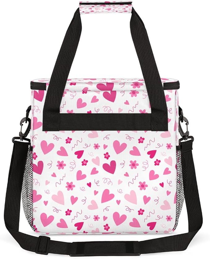 Valentine Pink Heart Flowers Coffee Maker Carrying Bag Coffee Machine Travel Storage Bag Compatible with K-Mini or K-Mini Plus Portable Single Serve Coffees Brewer Case with Pockets for K-Cup Pods