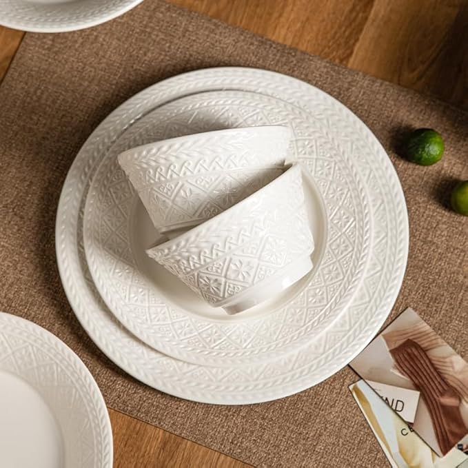 12-Piece White Ceramic Dinnerware Set - Relief Series Service for 4 Includes Bowls &amp 8''/9.6'' Plates Glossy Finish