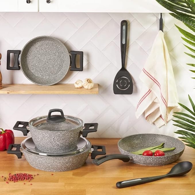 8 Parts Cookware Set Granite Looking Plated Fireproof Non-Stick Anti-Scratch Durable