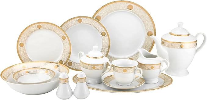Super White Collection 57-Piece Porcelain Dinnerware Set GPJS186-57 Luxury Fine China Service for 8 Elegant Gift Boxed Plates Cups and Saucers Dishwasher Safe White Tableware Set