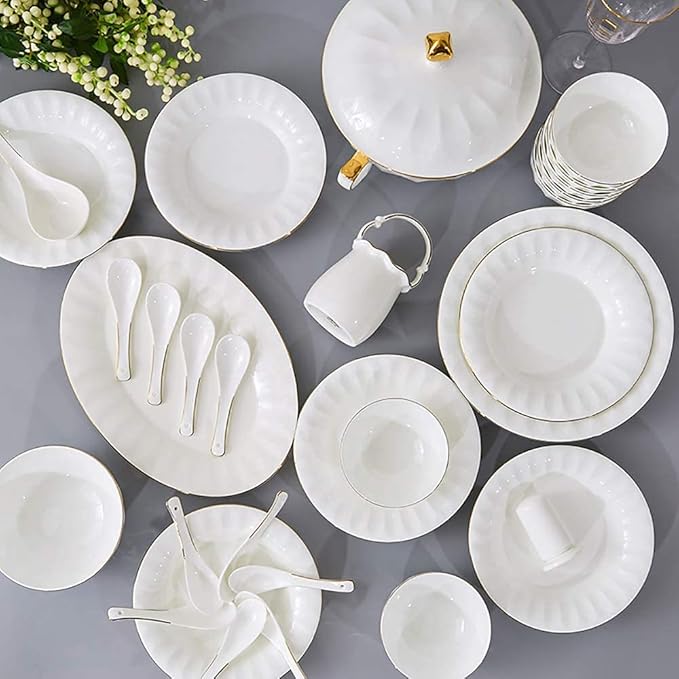 50 Pieces Dinnerware Set Porcelain Fine Bone China Home Kitchen Serving Dinner Set with White Round Cereal Bowls Plates Dishes Soup Pot with Gold Rim Service for 10