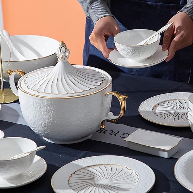 Ceramics Dinner Set Kitchen and Dining Service Durable Kitchen Dinnerware Set Dinner Salad Appitizer Dessert Plate Bowls Best for Indoor and Outdoor Party Creativity Villa Table Decor (White 60Pcs)
