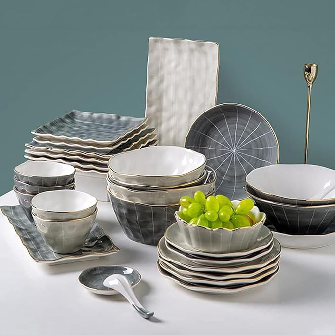Kitchen Dinnerware Set Plates Set Dishes Set Break Resistant Dishes Plates and Bowls | 33 Pcs Retro Ceramic Phnom Penh Tableware for Family Gathering and Gift Colorfu
