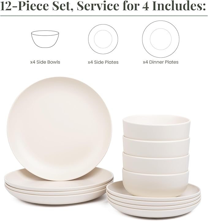 Larder &amp Vine 12-Piece Melamine Dinnerware Set: Durable Lightweight Break-Resistant Plates &amp Bowls – Stylish Non-Toxic Dishwasher Safe – Ideal for Everyday Use Indoor &amp Outdoor Dining