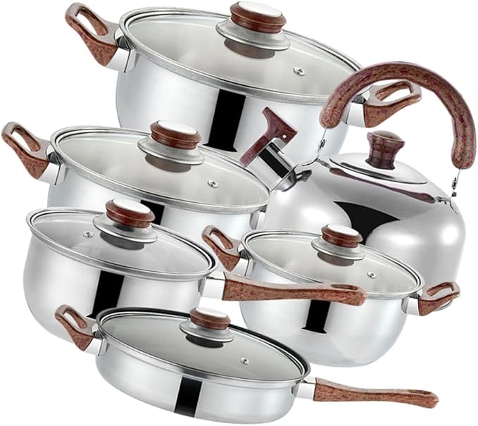 12-Piece Stainless Steel Cookware Set Flat Bottom Frying Pan Soup Pot Milk Pot and Kettle Dishwasher Safe Induction Compatible Thickened Design for Home Cooking