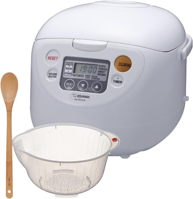 Zojirushi Micom Rice Cooker and Warmer (10-Cup/Cool White) Bundle with Rice Washing Bowl and Bamboo Spoon (3 Items)