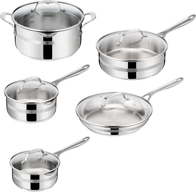 Jamie Oliver by T-fal Cook Smart 10-Piece Cookware Set Uncoated Stainless Steel Robust Fast Heating Even Cooking Riveted Handle Induction safe Oven and dishwasher safe