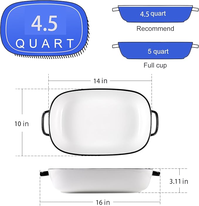 4.5 Quart Ceramic Baking DishServing Bakeware for CasseroleLasagnaGratinBroilingRoastingand Baking.Large Deep 14x10x3.11 inches PanSafe for Oven Microwave Refrigerator Disinfection Cabinet and