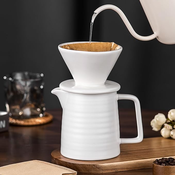 Pour Over Coffee Maker Set – Premium Ceramic Coffee Dripper with 500ml Capacity Manual Style Coffee Maker White – Ideal for Home Office and Travel