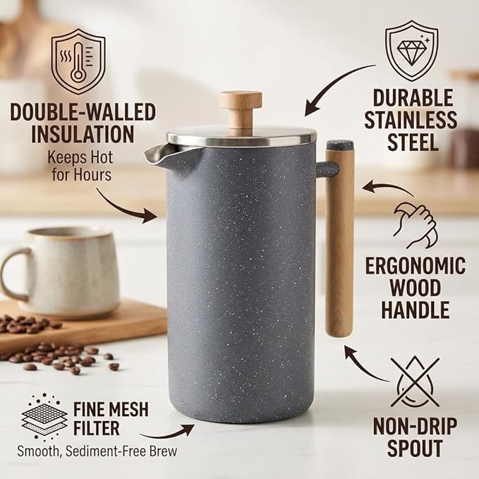 French Press Coffee Maker 34 Oz Stainless Steel 1 Liter French Press Double-Walled Thermal Insulation for Heat Retention Fine Mesh Filter for Smooth Brew with Ergonomic Handle