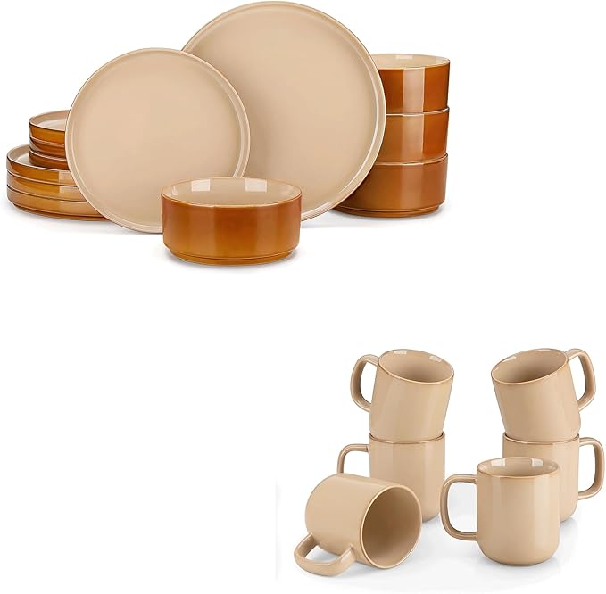 vancasso ONION Ceramic Plates and Bowls Sets 12 Pieces Brown Dinnerware Sets and 12 oz Coffee Cups Ceramic Stoneware Mugs with Handle for Latte Tea