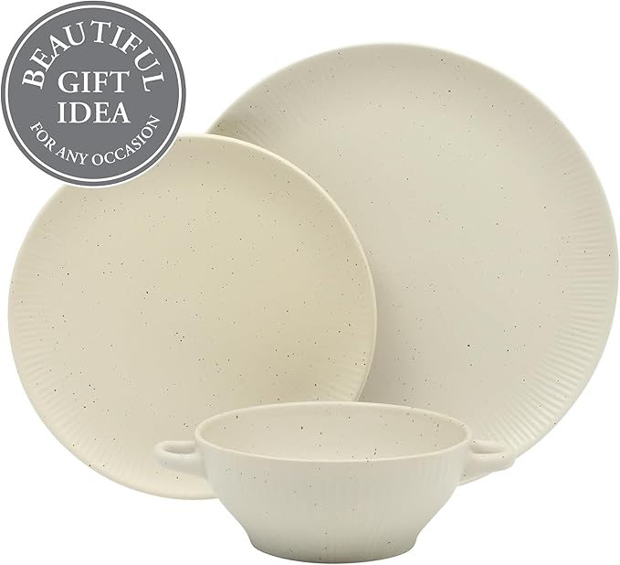 Gibson Elite Clover Hill 12-Piece Stoneware Dinnerware Set – White Cream Embossed Plates and Bowls with Matte Speckled Reactive Glaze Service for 4 – Microwave &amp Dishwasher Safe