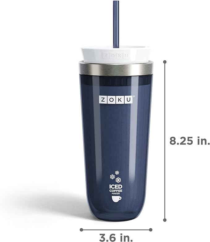 Zoku Instant Iced Coffee Maker Reusable Beverage Chiller Cools Hot Beverages in Minutes Without Dilution Portable 11-ounce Tumbler With Spill-resistant Lid and Straw Grey