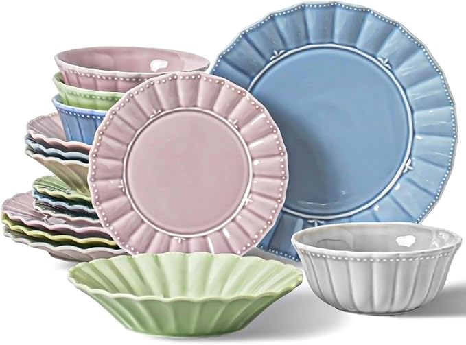 HOMBENE Dinnerware set 16 Piece plates and bowls sets for 4 Ceramic Mordern dish set for party Porcelain dish set House gift Microwavable safe Mixed Colors