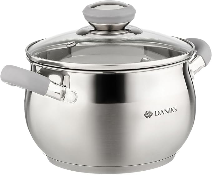 Daniks Modern 2 Quart Stainless Steel Stock Pot with Glass Lid Tri-Ply Bottom for Even Heating Induction Compatible Dishwasher Safe Heatproof Handles