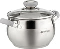 Daniks Modern 2 Quart Stainless Steel Stock Pot with Glass Lid Tri-Ply Bottom for Even Heating Induction Compatible Dishwasher Safe Heatproof Handles