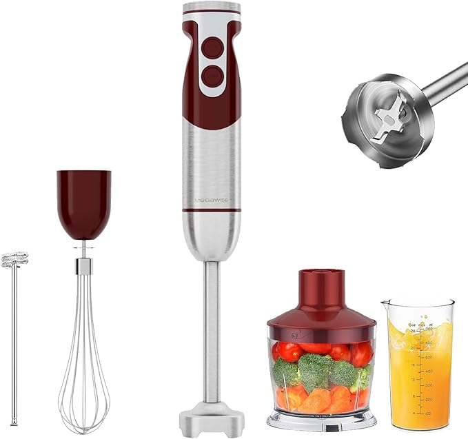 MegaWise 5-in-1 Immersion Hand Blender Set with Variable Speed 400W Stainless Steel - Includes Chopper Whisk Milk Frother and Beaker - Ideal for Soups Smoothies Baby Food &amp More (RED)