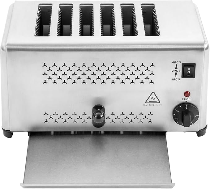 Commercial 6-Slice Toaster 1650W Stainless Steel Bread Baking Machine Electric Toaster Machine 3 Modes(2 4 6 Slices) 1-5mins Timing w/Pull-out Crumb Collection Tray for Home Bakery